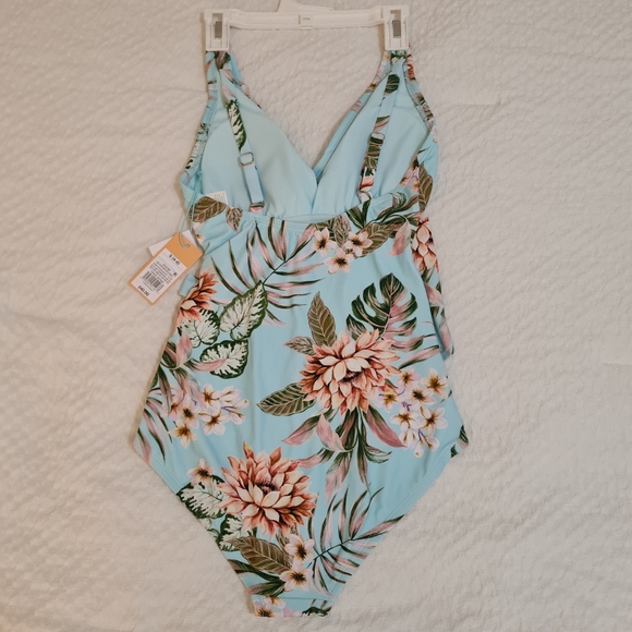 Kona Sol-Wrap-Front High Coverage One Piece Swimsuit,light blue Tropical Print - Picture 6 of 11